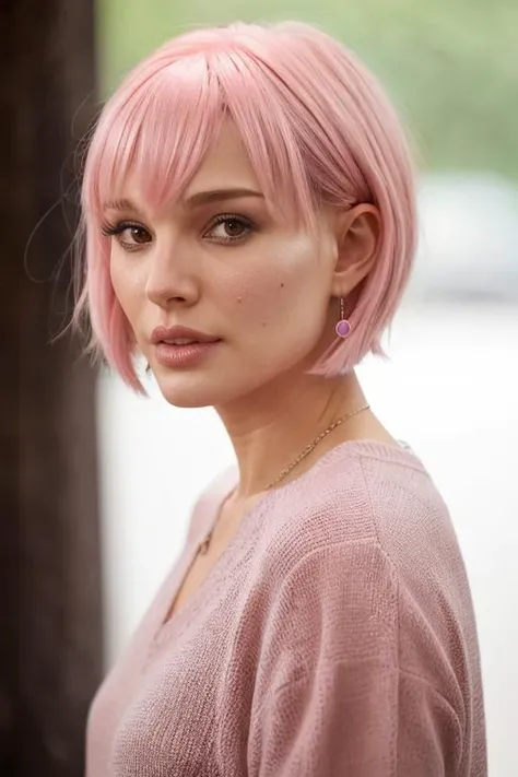 arafed woman with shoulder length pink hair, gorgeous model, photorealistic, beautiful body and face, 4K, HDR, (sharp focus:1.2), photo, depth of field, bokeh, white tshirt and jeans