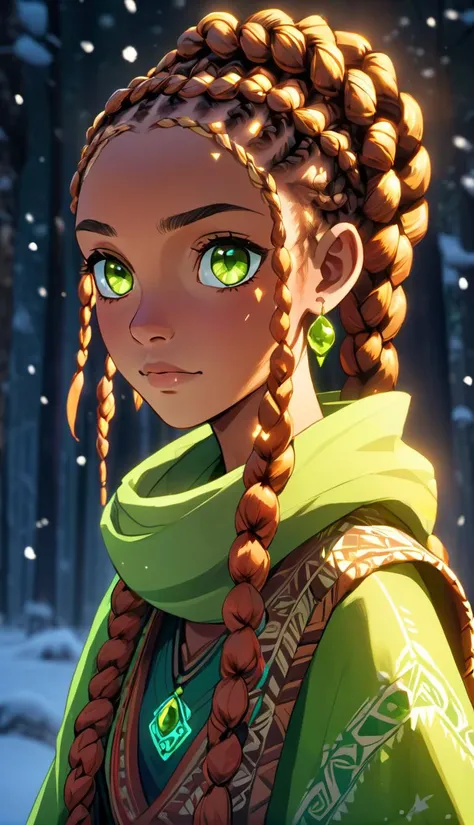 (best quality:1.3),masterpiece,beautiful detailed glow,textile shading,absurdres,highres,dynamic lighting,
intricate detailed,beautiful eyes,
(1girl, solo:1.5),(pov),Cornrows, jade hair, peridot eyes, spiritual, tribal-inspired attire,
(backlighting),(face lighting),(looking of viewer),
(Winter)