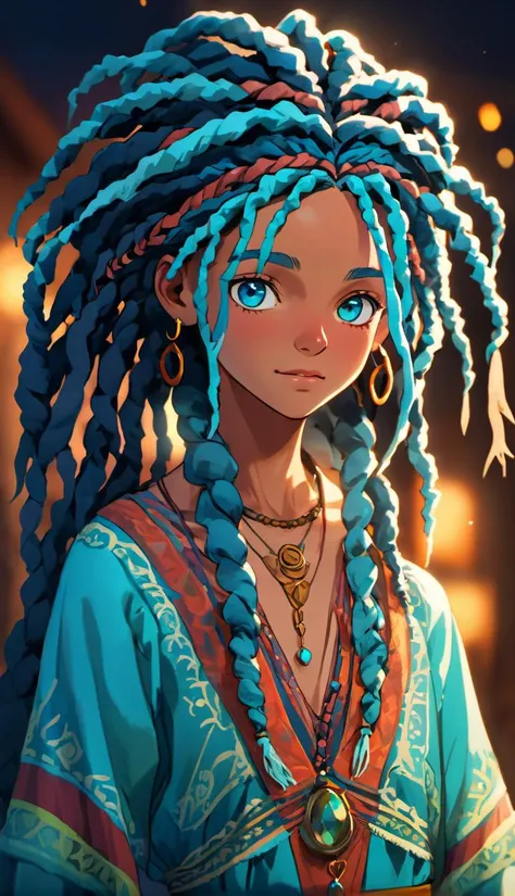 (best quality:1.3),masterpiece,beautiful detailed glow,textile shading,absurdres,highres,dynamic lighting,
intricate detailed,beautiful eyes,
(1girl, solo:1.5),(pov),Dreadlocks, indigo hair, turquoise eyes, free-spirited, bohemian dress,
(backlighting),(face lighting),(looking of viewer),
(Winter)
