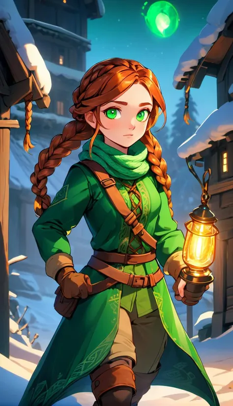 (best quality:1.3),masterpiece,beautiful detailed glow,textile shading,absurdres,highres,dynamic lighting,
intricate detailed,beautiful eyes,
(1girl, solo:1.5),(full body),Fishtail braid, copper hair, emerald green eyes, adventurous, explorer attire,
(backlighting),(face lighting),(looking of viewer),
(Winter)
