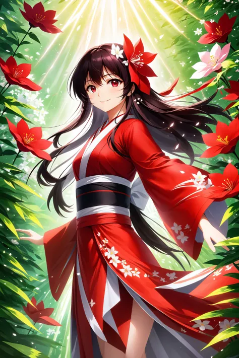 (masterpiece, best quality, highres, anime art style, pixiv), (vivid color, light particles, bloom, light rays, flowers, petals), (1girl, solo, hakurei reimu, mature female, straight hair, long hair, slight smile), (abstract art, vegetation),