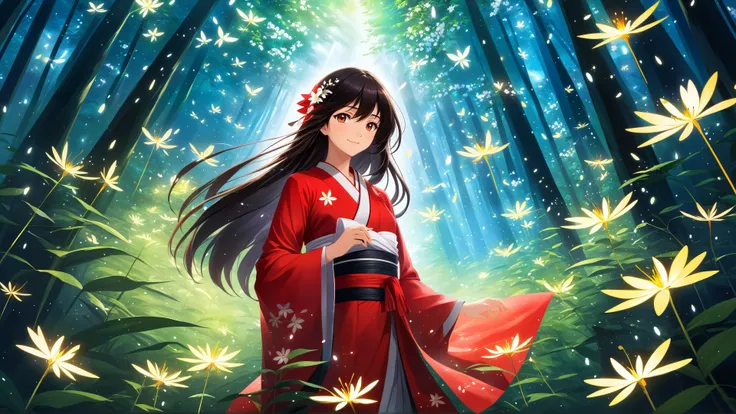 (masterpiece, best quality, highres, anime art style, pixiv), (vivid color, light particles, fireflies, bloom, light rays, flowers, petals), (1girl, solo, hakurei reimu, mature female, straight hair, long hair, slight smile), (abstract art, vegetation, magical forest),