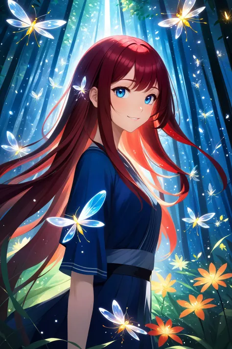 (masterpiece, best quality, highres, anime art style, pixiv), (vivid color, light particles, fireflies, bloom, light rays, flowers, petals), (1girl, solo, mature female, dark red hair, blue eyes, long hair), (slight smile, straight hair, full body), (abstract art, vegetation, magical forest),