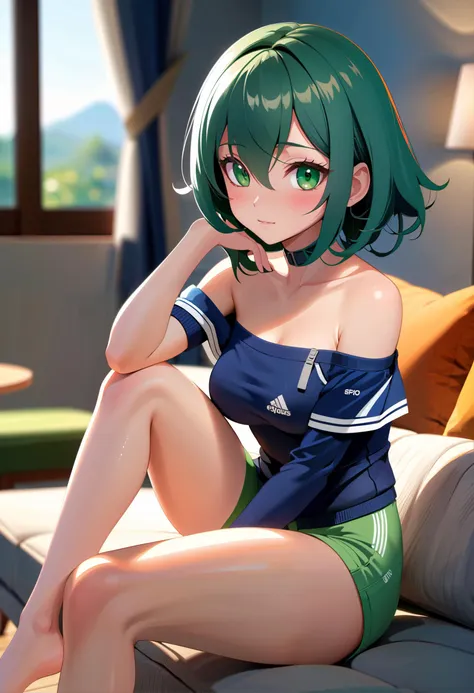 semi-realistic anime, 2.5D, masterpiece, best quality, 1girl, shiny skin, curly green hair, green eyes, sitting, couch, knees up, looking at viewer, off-shoulder shirt, bike shorts, comfy, soft lighting, indoor lighting, dynamic angle, dynamic pose, UHD, absurdres, 8k, bloom, bokeh, depth of field, ambient occlusion, raytracing, medium shot, close-up,