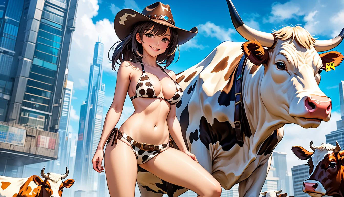 anime art, cyberpunk setting, close-up of a beautiful smiling young girl wearing cow print bikini with hand on hip next to cow, cowboy hat, exposed midriff, exposed body, bare legs, large breasts, beautiful face, skyscrapers, painterly, matte painting