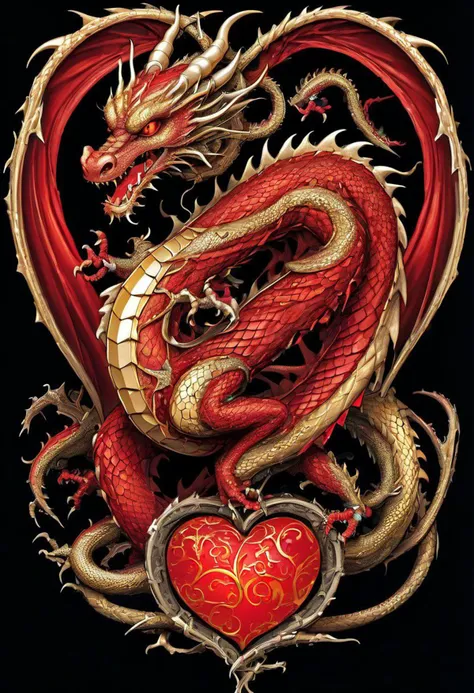 highly detailed illustration of a dragon twisted around a large heart, colors: red and gold against a black background