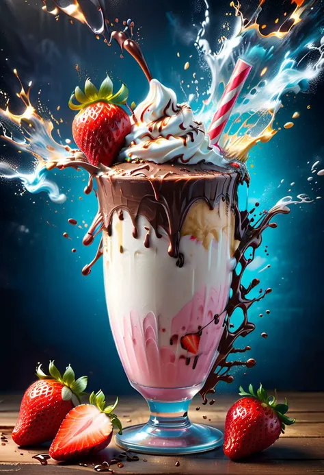 A luscious and mouthwatering digital illustration of a vanilla milkshake, with fresh strawberries cascading into the creamy concoction in a delightful explosion of flavor and texture. The image captures the essence of indulgence and delight, with a hyper-realistic rendering that makes the viewer feel as if they could reach out and take a sip. The artist has skillfully captured the delicate balance of light and shadow, as well as the intricate details of the milkshake's texture and the strawberries' delicate seeds,
a waterfall of liquid chocolate in the frappe ,
The overall composition is inspired by the work of renowned artists such as Alexander Kucharsky, Derek Zabrocki, and Igor Morski, with a focus on creating a stunning and immersive visual experience that celebrates the beauty and pleasure of food and drink.
background of a London style brick wall, with neon lights and signs, relaxed environment, flaming lights, glowing
