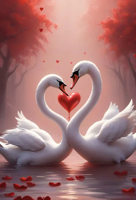 Imagine pair of white swans, cute and cuddly, tenderly holding a vibrant red heart. This lovely and adorable scene captures the essence of love, as the birds express their affection for each other. The image radiates sweetness and warmth, symbolizing that love is the beginning of all things beautiful. Whether it's the charming embrace of the bird or the heartwarming message of "I love you," this depiction brings forth an "aww" moment, celebrating the pure and innocent joy of love. Award winning on artstation