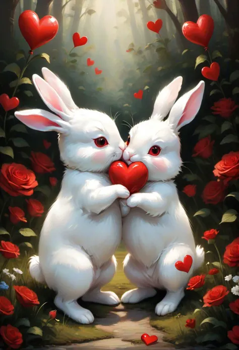 JuggernautNegative, 
Imagine two white rabbits, cute and cuddly, tenderly holding a vibrant red heart. This lovely and adorable scene captures the essence of love, as the bunnies express their affection for each other. The image radiates sweetness and warmth, symbolizing that love is the beginning of all things beautiful. Whether it's the charming embrace of the rabbits or the heartwarming message of "I love you," this depiction brings forth an "aww" moment, celebrating the pure and innocent joy of love. ='d