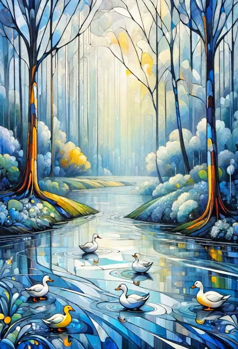 impressionism masterpiece,river and ducks in rain ,forests,spring,fractal art,thin lines,surrealistic,abstract art,white and blue,vivid,highest detailed,high quality