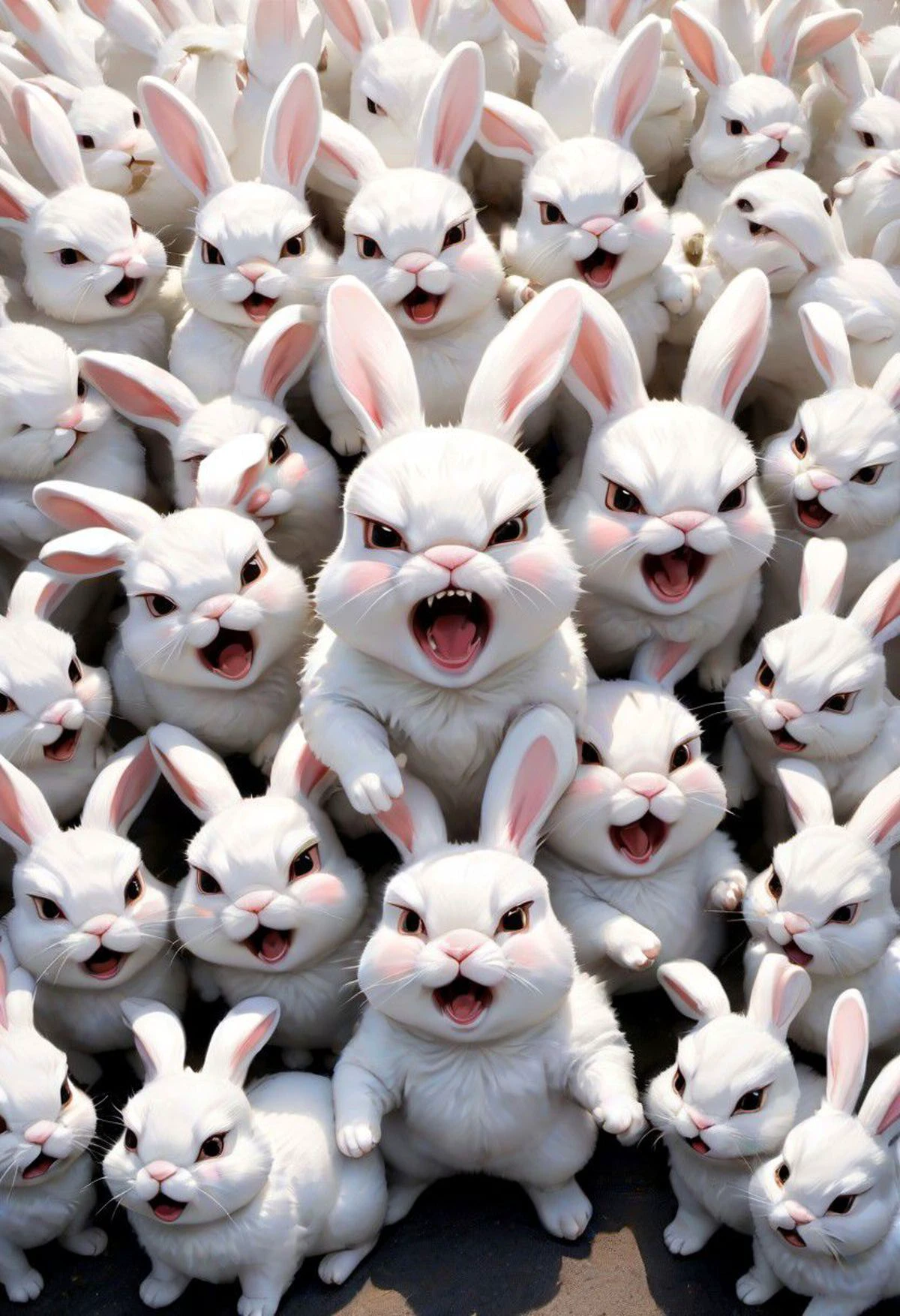 JuggernautNegative,
A lot of white angry rabbits, cute and cuddly, conquering the world, by ruling over humans by punching them,
