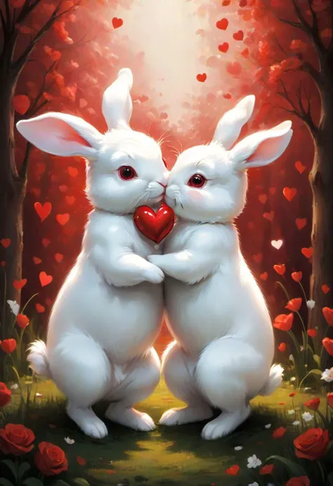 JuggernautNegative, 
Imagine two white rabbits, cute and cuddly, tenderly holding a vibrant red heart. This lovely and adorable scene captures the essence of love, as the bunnies express their affection for each other. The image radiates sweetness and warmth, symbolizing that love is the beginning of all things beautiful. Whether it's the charming embrace of the rabbits or the heartwarming message of "I love you," this depiction brings forth an "aww" moment, celebrating the pure and innocent joy of love. ='d