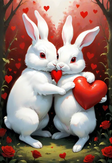 JuggernautNegative, 
Imagine two white rabbits, cute and cuddly, tenderly holding a vibrant red heart. This lovely and adorable scene captures the essence of love, as the bunnies express their affection for each other. The image radiates sweetness and warmth, symbolizing that love is the beginning of all things beautiful. Whether it's the charming embrace of the rabbits or the heartwarming message of "I love you," this depiction brings forth an "aww" moment, celebrating the pure and innocent joy of love. ='d
