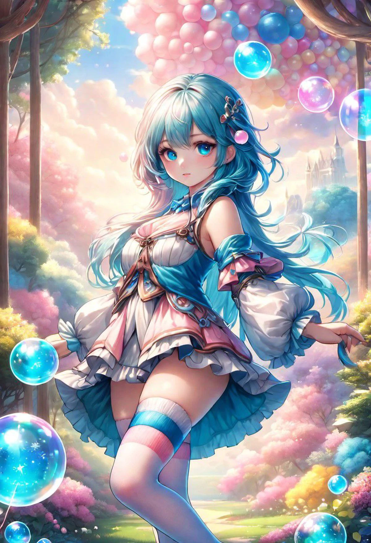(masterpiece:1.2), best quality, high resolution, unity 8k wallpaper, (illustration:0.8), (beautiful detailed eyes:1.4), extremely detailed face, perfect lighting, extremely detailed CG, (perfect hands, perfect anatomy), cowboy shot,
1 girl, mid shot, (exquisite features),(serafuku:1.3), ((white thighhighs without shoes)), aqua eye, stars in the eyes, (((colorful bubble))), Colorful Glass, (album cover)