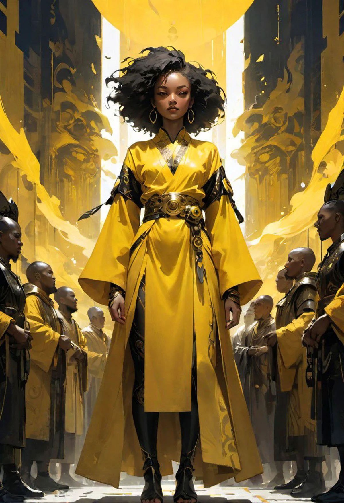 (masterpiece, best quality, absurdres, 4k, aesthetic, detailed, intricate), a woman standing in front of a group of people, a digital painting, by Ludwik Konarzewski Jr, afrofuturism, yellow robe, epic graphic novel wallpaper, guweiz masterpiece, shadow mage female, holy sword in her hands, a black cyborg, with yellow cloths, ruan jia and joao ruas, absolutely outstanding image
