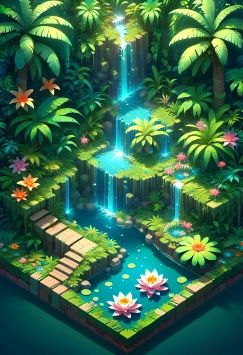 3D rendering, waterfall, glowing,palm,flower,natural pool, water lilies isometric, zavy-ctsmtrc, art,background of a rainforest, trees, flowers, plants