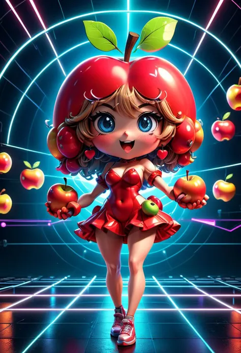 3D rendering of a cute female apple character, love facial expression, exaggerated action, 3D character, a little fluffy, cartoon style, minimalist, HD, high detail, 8k, on a dance floor, underground club, 80s, neon lights,sexy pose,huge tits,very sexy,