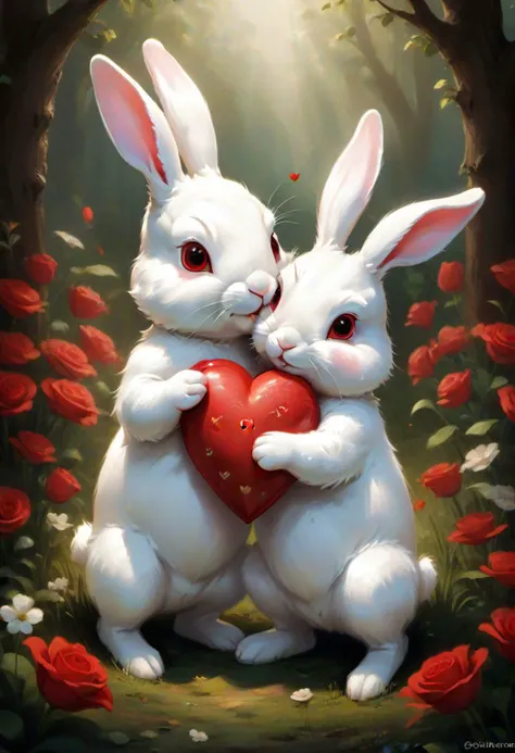 JuggernautNegative, 
Imagine two white rabbits, cute and cuddly, tenderly holding a vibrant red heart. This lovely and adorable scene captures the essence of love, as the bunnies express their affection for each other. The image radiates sweetness and warmth, symbolizing that love is the beginning of all things beautiful. Whether it's the charming embrace of the rabbits or the heartwarming message of "I love you," this depiction brings forth an "aww" moment, celebrating the pure and innocent joy of love. ='d
