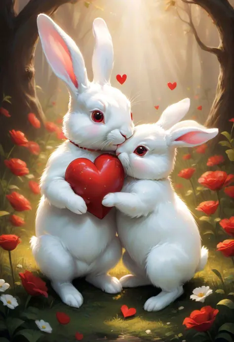 JuggernautNegative, 
Imagine two white rabbits, cute and cuddly, tenderly holding a vibrant red heart. This lovely and adorable scene captures the essence of love, as the bunnies express their affection for each other. The image radiates sweetness and warmth, symbolizing that love is the beginning of all things beautiful. Whether it's the charming embrace of the rabbits or the heartwarming message of "I love you," this depiction brings forth an "aww" moment, celebrating the pure and innocent joy of love. ='d
