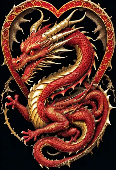 highly detailed illustration of a dragon twisted around a heart, colors: red and gold against a black background