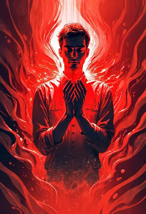 illustration, rough, waist up, man, solo, dreamlike, surreal, hands, red, backlighting, liquid