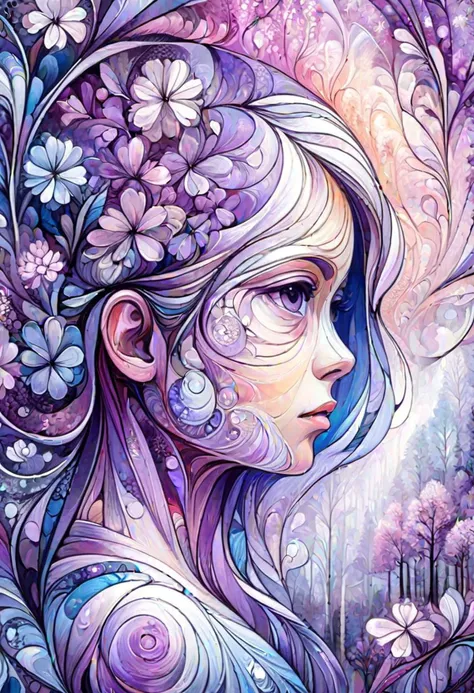 impressionism masterpiece,girl,blossoms,lilac,forests,spring,fractal art,extreme thin lines,surrealistic,abstract art,white and blue,vivid,highest detailed,high quality