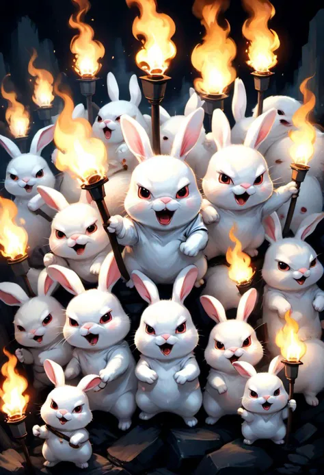 JuggernautNegative,
A lot of white angry rabbits, cute and cuddly, conquering the world, with torches on hand