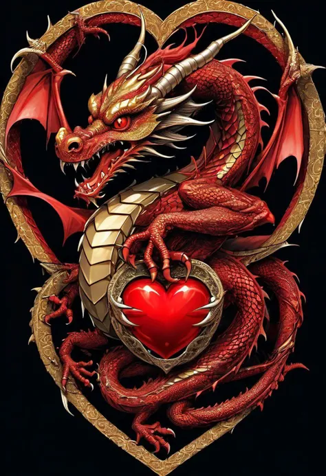 highly detailed illustration of a dragon twisted around a large heart, colors: red and gold against a black background