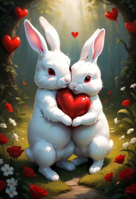 JuggernautNegative, 
Imagine two white rabbits, cute and cuddly, tenderly holding a vibrant red heart. This lovely and adorable scene captures the essence of love, as the bunnies express their affection for each other. The image radiates sweetness and warmth, symbolizing that love is the beginning of all things beautiful. Whether it's the charming embrace of the rabbits or the heartwarming message of "I love you," this depiction brings forth an "aww" moment, celebrating the pure and innocent joy of love. ='d