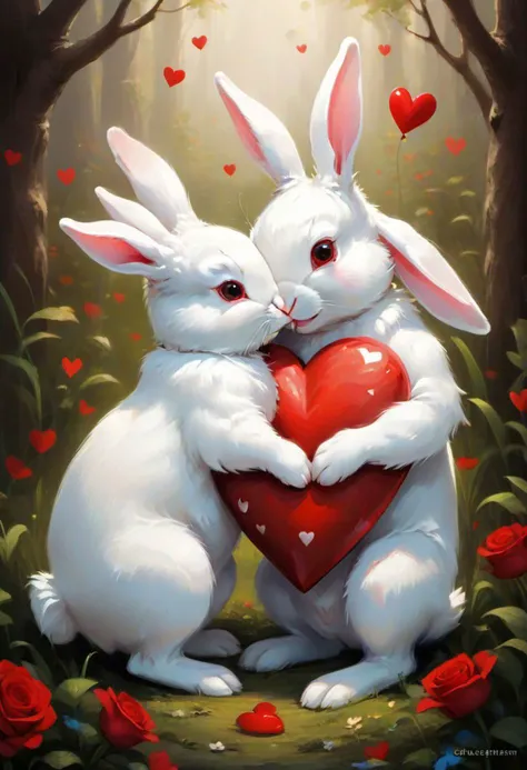JuggernautNegative, 
Imagine two white rabbits, cute and cuddly, tenderly holding a vibrant red heart. This lovely and adorable scene captures the essence of love, as the bunnies express their affection for each other. The image radiates sweetness and warmth, symbolizing that love is the beginning of all things beautiful. Whether it's the charming embrace of the rabbits or the heartwarming message of "I love you," this depiction brings forth an "aww" moment, celebrating the pure and innocent joy of love. ='d