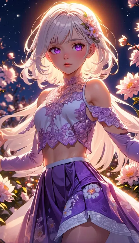 (best quality:1.3),masterpiece,beautiful detailed glow,textile shading,absurdres,highres,dynamic lighting,
intricate detailed,beautiful eyes,
(1girl, solo:1.5),white hair, purple eyes, glowing eyes, crop top, skirt, parted lips, blush, night, flowers, sun, sunlight,
(backlighting),(face lighting),(looking of viewer),
(Winter)