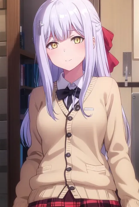 raphielshirahaainsworth, <lora:raphiel shiraha ainsworth s1-lora-nochekaiser:1>,
raphiel shiraha ainsworth, long hair, ahoge, white hair, hair ornament, cross hair ornament, (yellow eyes:1.3), smile, smug,
BREAK skirt, school uniform, shoes, socks, plaid, kneehighs, plaid skirt, cardigan, black socks, loafers, bow, black bow, bowtie, (white cardigan:1.2), red skirt,
BREAK indoors, classroom,
BREAK looking at viewer, (cowboy shot:1.5),
BREAK <lyco:GoodHands-beta2:1>, (masterpiece:1.2), best quality, high resolution, unity 8k wallpaper, (illustration:0.8), (beautiful detailed eyes:1.6), extremely detailed face, perfect lighting, extremely detailed CG, (perfect hands, perfect anatomy),