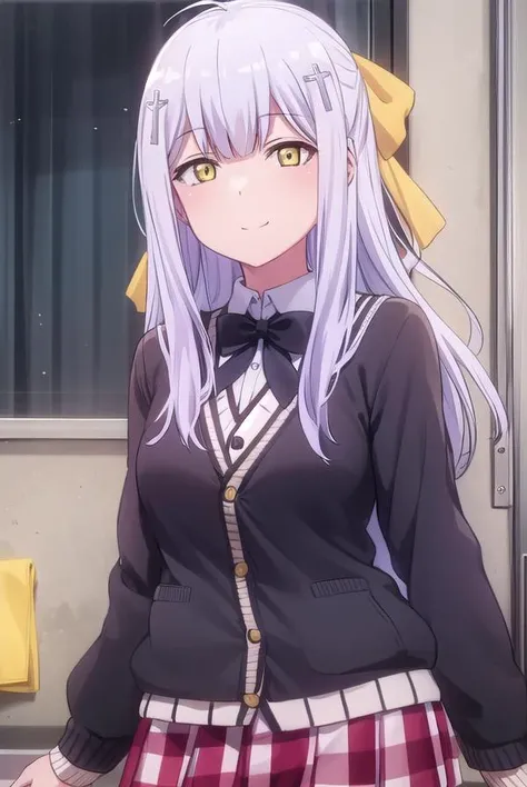 raphielshirahaainsworth, <lora:raphiel shiraha ainsworth s1-lora-nochekaiser:1>,
raphiel shiraha ainsworth, long hair, ahoge, white hair, hair ornament, cross hair ornament, (yellow eyes:1.3), smile, smug,
BREAK skirt, school uniform, shoes, socks, plaid, kneehighs, plaid skirt, cardigan, black socks, loafers, bow, black bow, bowtie, (white cardigan:1.2), red skirt,
BREAK indoors, classroom,
BREAK looking at viewer, (cowboy shot:1.5),
BREAK <lyco:GoodHands-beta2:1>, (masterpiece:1.2), best quality, high resolution, unity 8k wallpaper, (illustration:0.8), (beautiful detailed eyes:1.6), extremely detailed face, perfect lighting, extremely detailed CG, (perfect hands, perfect anatomy),