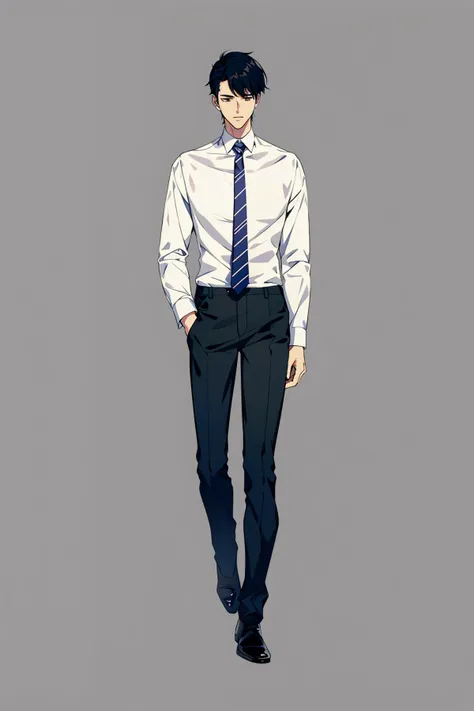 Character standing drawing, modern design, 1boy, male focus, formal, solo, suit, necktie, black hair, full body, hand in pocket, simple background, pants, jacket, shirt, black footwear, white background, short hair, walking, grey jacket, standing, looking at viewer, shoes, long sleeves, grey pants, white shirt, collared shirt, grey background<lora:xiandai:0.8>,