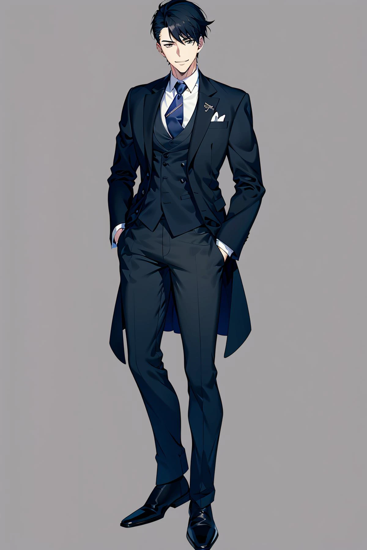 Character standing drawing, modern design, 1boy, solo, male focus, necktie, black hair, hand in pocket, formal, full body, black footwear, grey background, vest, standing, pants, simple background, suit, black pants, grey vest, looking at viewer, jacket, white necktie, shirt, black eyes, shoes, blue necktie, smile, long sleeves, black jacket, short hairr<lora:xiandai:0.8>,