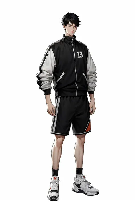 Character standing drawing, modern design, 1boy, male focus, basketball, solo, white background, shoes, black hair, simple background, sneakers, full body, sportswear, shorts, white footwear, jacket, standing, looking at viewer, holding, short hair, ball, white shorts, holding ball<lora:xiandai:0.8>,