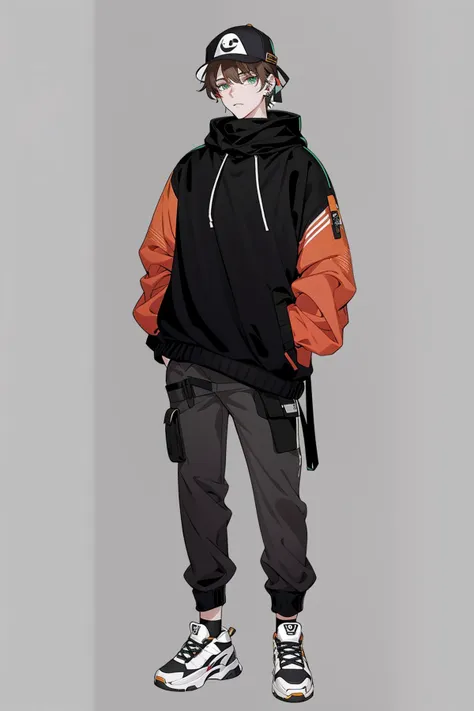 Character standing drawing, modern design, 1boy, solo, male focus, hat, grey background, pants, shoes, full body, brown hair, hood, simple background, sneakers, green eyes, virtual youtuber, black headwear, earrings, white footwear, looking at viewer, hoodie, jewelry, hand in pocket, multicolored hair, standing, short hair, baseball cap, sweater, long sleeves, turtleneck<lora:xiandai:0.8>,