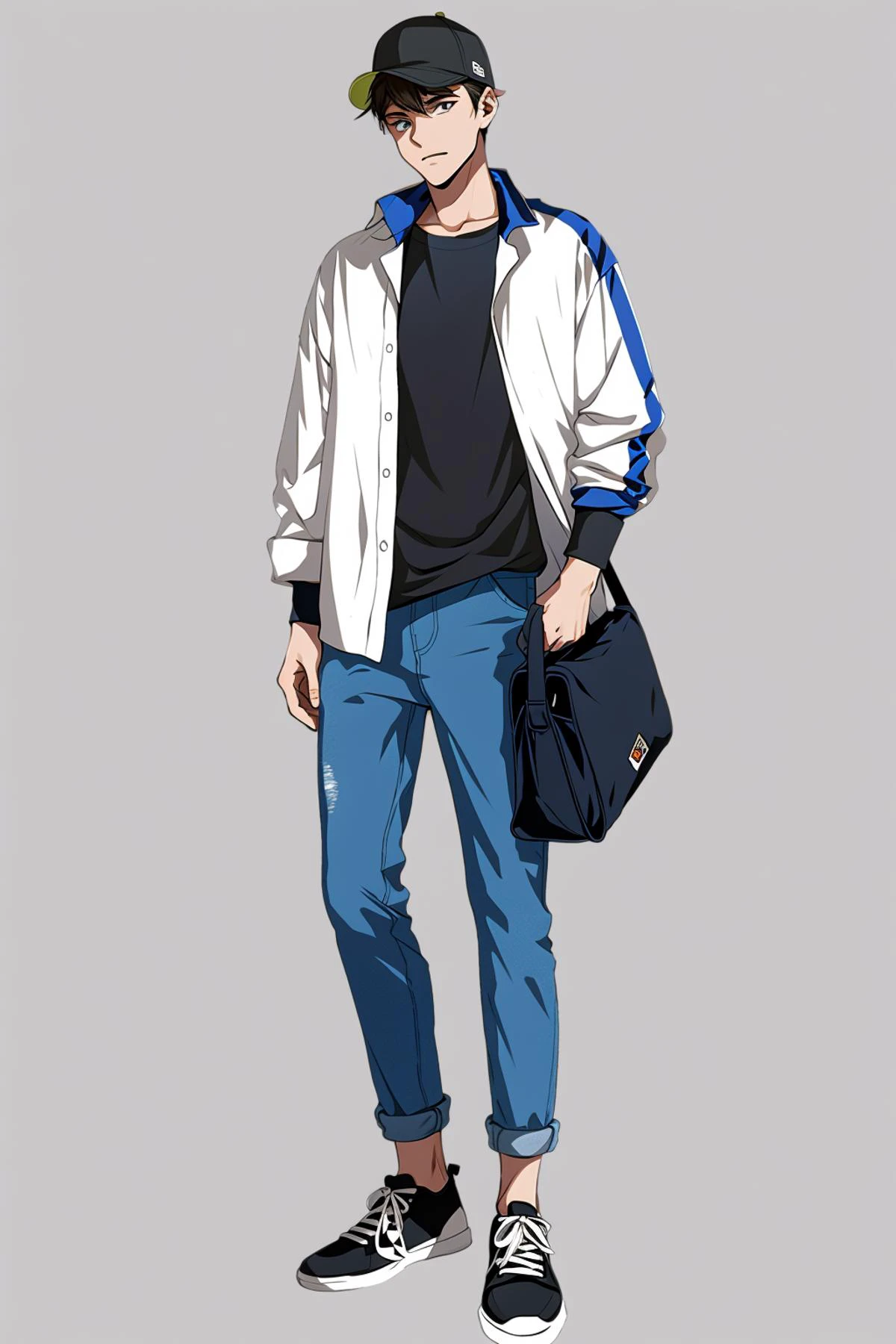 Character standing drawing, modern design, 1boy, hat, solo, male focus, bag, pants, hand in pocket, shoes, sneakers, grey background, jacket, shirt, holding bag, black shirt, denim, full body, simple background, standing, jeans, baseball cap, holding, white jacket, black footwear, open clothes, blonde hair, blue pants, fashion, looking at viewer<lora:xiandai:0.8>,