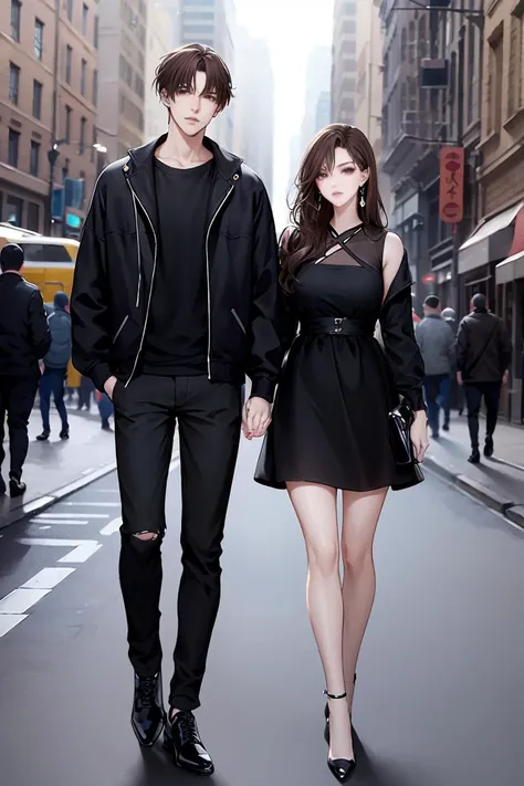 Character standing drawing,modern design,1girl,1boy,brown hair,jewelry,dress,pants,earrings,jacket,black dress,long hair,Urban Street Background,torn clothes,high heels,brown eyes,black pants,standing,full body,shoes,holding,bag,black jacket,holding hands,looking at viewer,black footwear,handbag,white footwear,<lora:xiandai:0.7>,masterpiece,best quality,high quality,<lora:GoodHands-vanilla:1>,