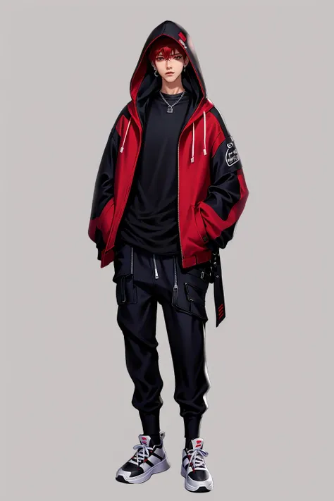 Character standing drawing, modern design, solo, 1boy, male focus, grey background, hood, pants, jewelry, hood up, simple background, black pants, full body, red hair, shirt, black shirt, open clothes, necklace, standing, red jacket, looking at viewer, shoes, jacket, sneakers, black footwear, hair between eyes, earrings, bangs, closed mouth, long sleeves, open jacket, zipper, hands in pockets, hooded jacket, short hair, cross-laced footwear, drawstring <lora:xiandai:0.8>,