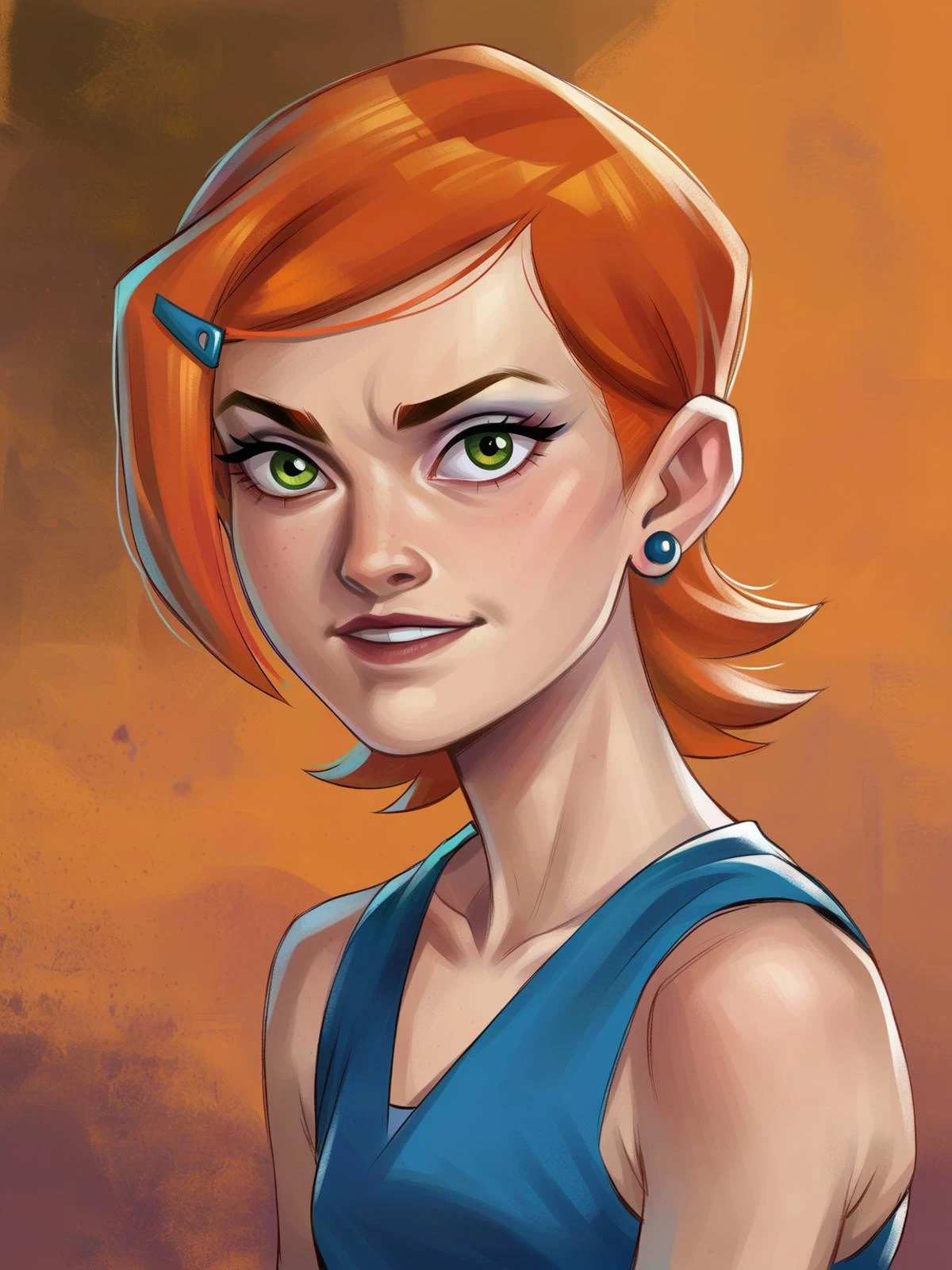 <lora:Gwen:0.5> gw_n, 1girl, pale skin, green eyes, short orange hair, blue hair clip, sapphire earrings,
<lora:Concept Art Brush Style LoRA_Pony XL v6:0.9> realistic, concept art, digital art, score_9, score_8_up, score_7_up,