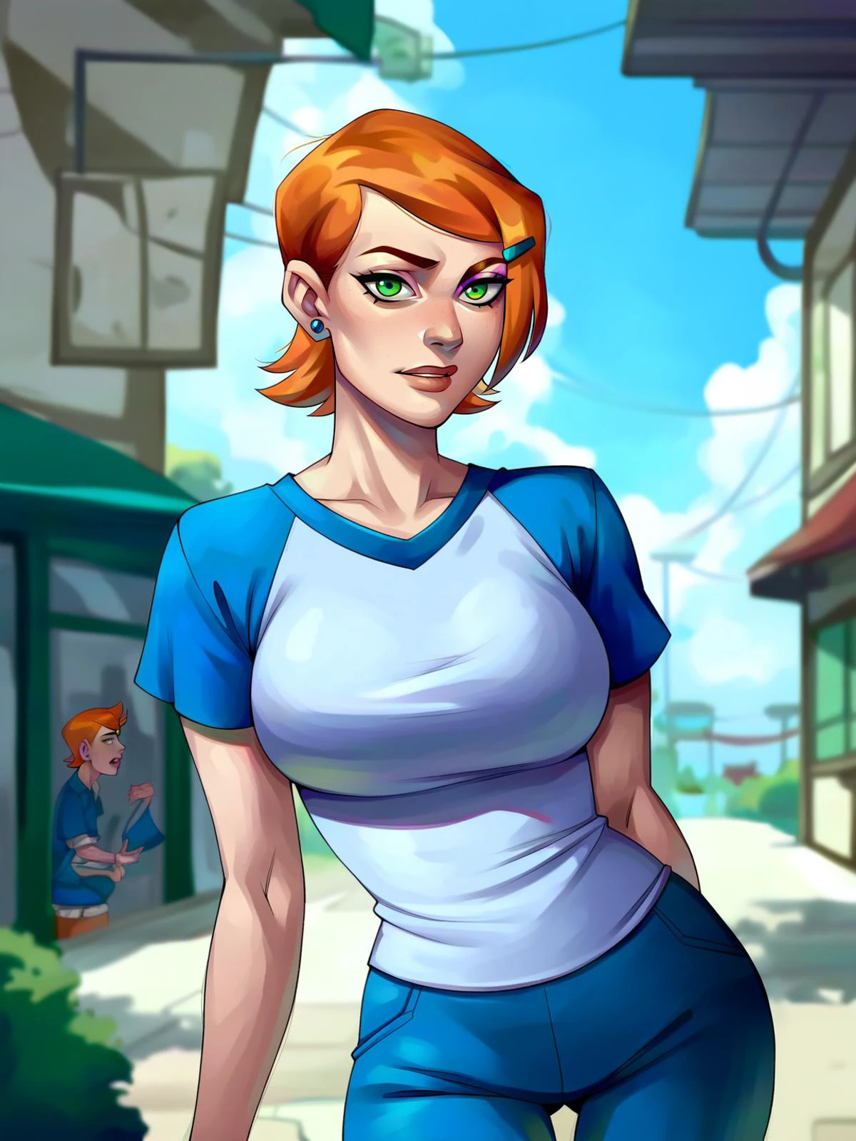 <lora:Gwen:0.5> gw_n, 1girl, pale skin, green eyes, short orange hair, hair clip, sapphire earrings,
large breasts, wide hips, gwentstyle, <lora:Nameless_Rina_da1_SNR-4_20240228_txt_pony-v6:1> breasts, realistic, score_9, score_8_up, score_7_up,