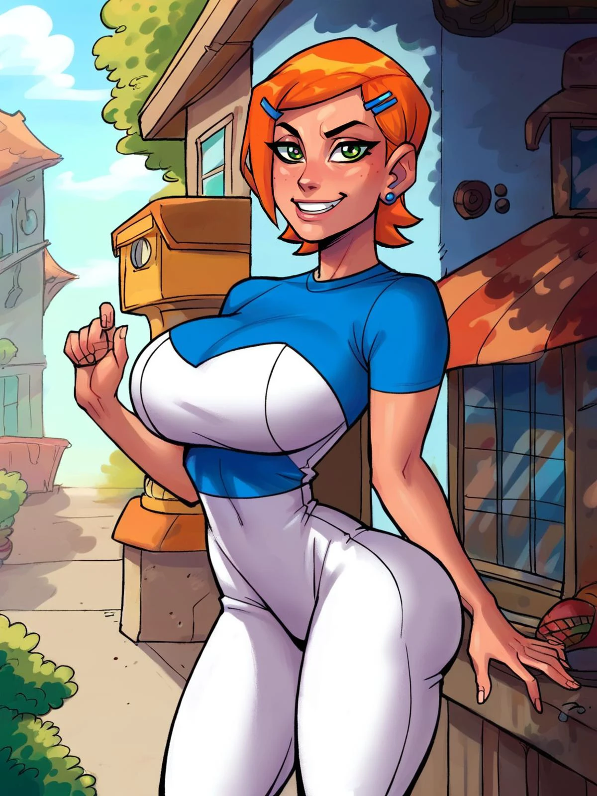 <lora:Gwen:0.5> gw_n, 1girl, pale skin, green eyes, short orange hair, blue hair clip, sapphire earrings,
<lora:officialpit_style_v11:0.9> large breasts, wide hips,, score_9, score_8_up, score_7_up,
