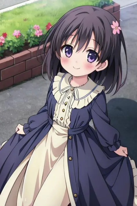 masterpiece, best quality,<lora:GoodHands-vanilla:0.7> <lora:anmnr01:0.3> <lora:add_detail:0.5>, 1girl,petite , <lora:KokoroKatsura:0.6>,KokoroKatsura, looking at viewer, blush, smile, dress, outdoors, solo focus, from above, looking up,darkindigo hair,flower,