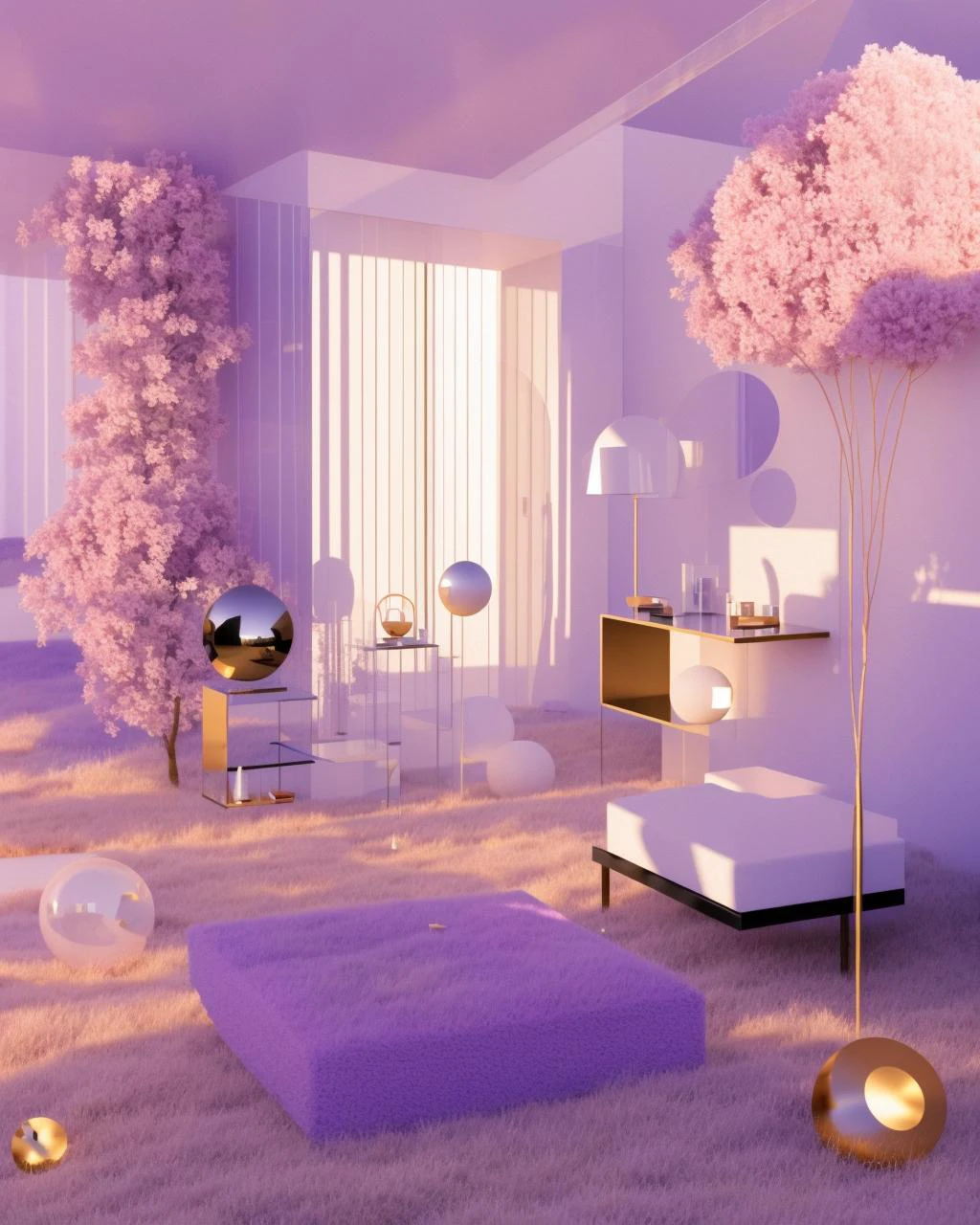 a person sitting on a chair in a room with flowers and a mirror on the wall behind them and a chair with a flower on the ground, Beeple, c4d, a raytraced image, hypermodernism , Beeple, redshift render, a raytraced image, global illumination, a 3D render, volumetric light, photorealism, vaporwave