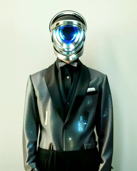 a man wearing a mask with a futuristic face on it's head and a tie on his necktie and a white shirt and black suit