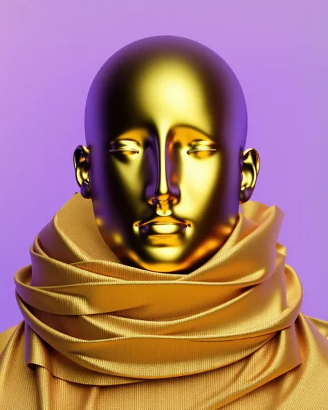 a man with a face mask on holding a cell phone to his ear and a pair of gold ear clips on his head, with a white background, Beeple, c4d, a raytraced image, hypermodernism , Beeple, redshift render, a raytraced image, global illumination, a 3D render, volumetric light, photorealism, vaporwave