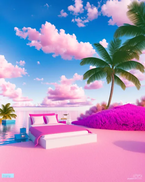 a small island with a bed and palm trees in the water and a pink sky background with clouds and a pink sky with a pink sky, Beeple, c4d, a raytraced image, hypermodernism , Beeple, redshift render, a raytraced image, global illumination, a 3D render, volumetric light, photorealism, vaporwave