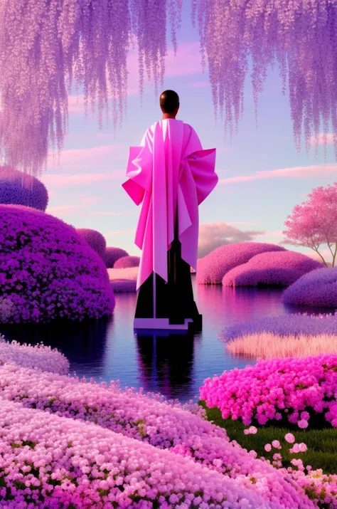 a woman in a pink outfit and a black jacket standing in a body of water with pink flowers in the background and a blue sky , Beeple, redshift render, a raytraced image, global illumination, a 3D render,  volumetric light, photorealism, vaporwave