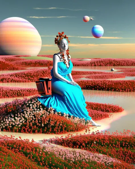 a woman sitting on a rock in a field of red flowers with a blue ribbon flying around her head and a planet in the background